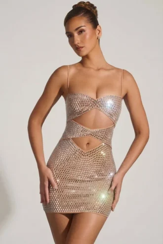 Rochie mini cu decupaje și ornamente Ayleen, culoare migdală