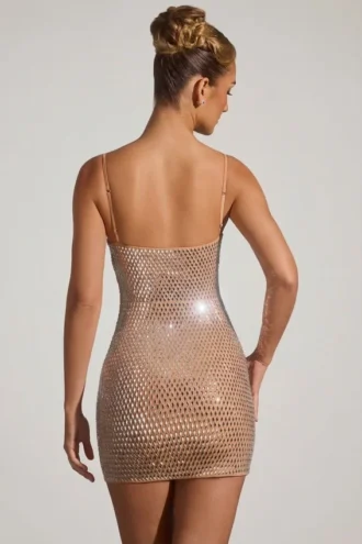 Rochie mini cu decupaje și ornamente Ayleen, culoare migdală