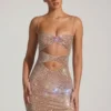 Rochie mini cu decupaje și ornamente Ayleen, culoare migdală Rochie mini cu decupaje și ornamente Ayleen, culoare migdală