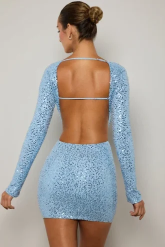 Rochie mini cu decupaje și ornamente Marva, albastru deschis
