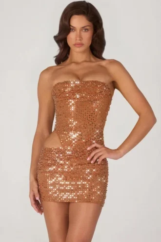Rochie mini cu decupaje și ornamente Rania, culoare bronz