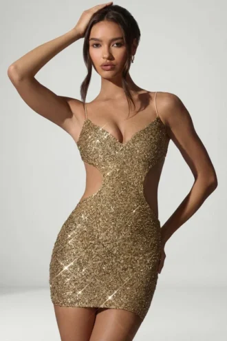 Rochie mini cu decupaje și ornamente Sayzel, aurie