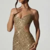 Rochie mini cu decupaje și ornamente Sayzel, aurie Rochie mini cu decupaje și ornamente Sayzel, aurie