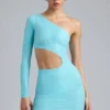 Rochie mini cu decupaje metalice și un singur umăr Zanab, în albastru gheață Rochie mini cu decupaje metalice și un singur umăr Zanab, în albastru gheață