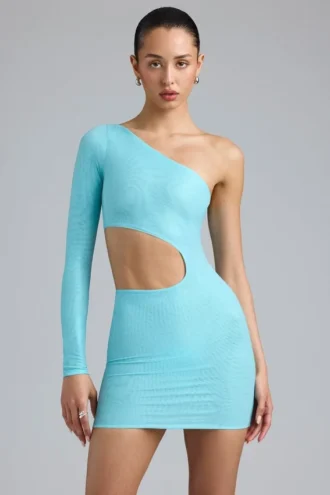 Rochie mini cu decupaje metalice și un singur umăr Zanab, în albastru gheață