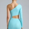 Rochie mini cu decupaje metalice și un singur umăr Zanab, în albastru gheață Rochie mini cu decupaje metalice și un singur umăr Zanab, în albastru gheață
