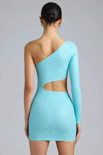 Rochie mini cu decupaje metalice și un singur umăr Zanab, în albastru gheață
