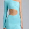 Rochie mini cu decupaje metalice și un singur umăr Zanab, în albastru gheață Rochie mini cu decupaje metalice și un singur umăr Zanab, în albastru gheață