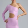 Rochie mini cu decupaje metalice și un singur umăr Zanab, în roz violet Rochie mini cu decupaje metalice și un singur umăr Zanab, în roz violet