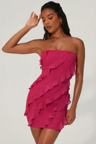 Rochie mini cu detalii volane Tatiana Bandeau în fucsia