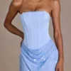 Rochie mini cu fustă din satin decorată Elara, în albastru cer Rochie mini cu fustă din satin decorată Elara, în albastru cer