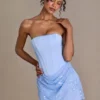 Rochie mini cu fustă din satin decorată Elara, în albastru cer Rochie mini cu fustă din satin decorată Elara, în albastru cer