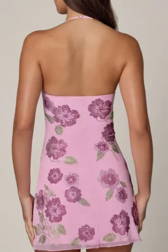 Rochie mini cu gât halter și decorațiuni Galene, în roz pal