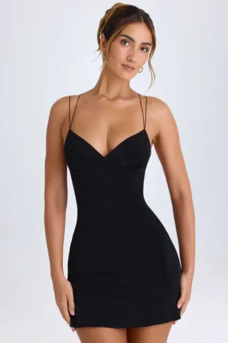 Rochie mini cu gât halter și detalii cu bretele Tesni, negru