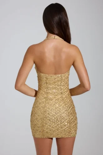 Rochie mini cu gât halter și detalii decorative Arlona, aurie
