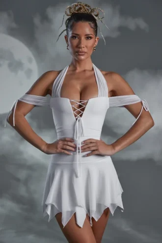 Rochie mini cu gât halter și șireturi Elvyra, albă
