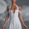 Rochie mini cu gât halter și șireturi Elvyra, albă Rochie mini cu gât halter și șireturi Elvyra, albă
