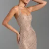 Rochie mini cu gât halter și ornamente Amolika, culoare miere Rochie mini cu gât halter și ornamente Amolika, culoare miere
