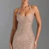 Rochie mini cu gât halter și ornamente Amolika, culoare miere Rochie mini cu gât halter și ornamente Amolika, culoare miere