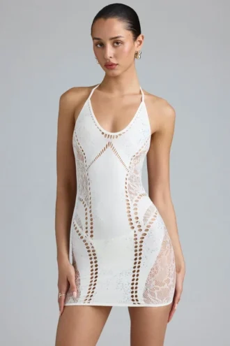Rochie mini cu gât halter și ornamente Tori, culoare ivoriu