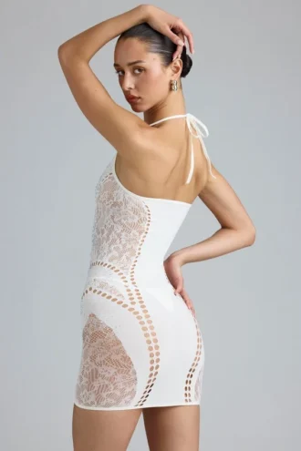 Rochie mini cu gât halter și ornamente Tori, culoare ivoriu