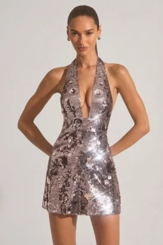 Rochie mini cu gât halter și paiete Avenza, argintie