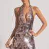 Rochie mini cu gât halter și paiete Avenza, argintie Rochie mini cu gât halter și paiete Avenza, argintie