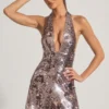 Rochie mini cu gât halter și paiete Avenza, argintie Rochie mini cu gât halter și paiete Avenza, argintie