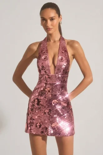 Rochie mini cu gât halter și paiete Avenza, roz