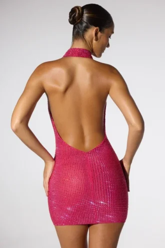 Rochie mini cu guler extrem de decupat și bretele, model Raquel, în roz aprins