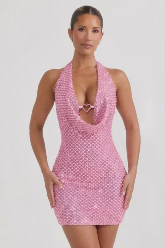 Rochie mini cu guler în formă de glugă și detalii în formă de inimă Mabella, în roz