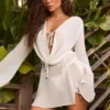 Rochie mini cu guler în V Oualie, albă Rochie mini cu guler în V Oualie, albă