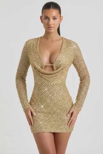 Rochie mini cu guler înalt și decorațiuni Arlowe, în culoarea auriu
