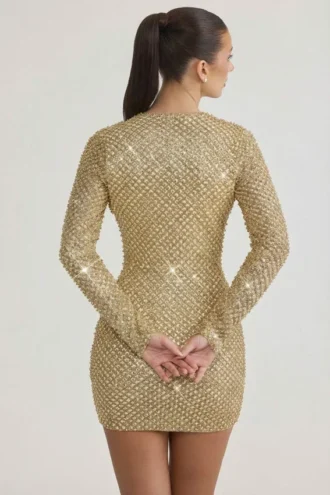 Rochie mini cu guler înalt și decorațiuni Arlowe, în culoarea auriu