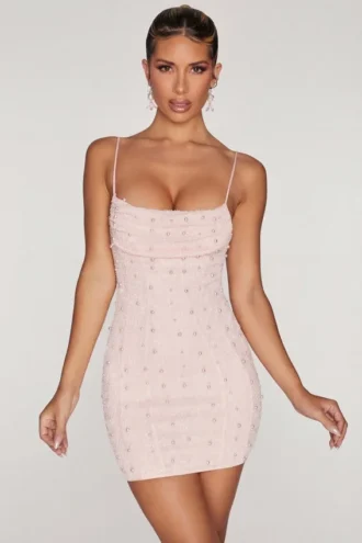 Rochie mini cu guler înalt și decorațiuni Seychelles, culoare roz pal Rochie mini cu guler înalt și decorațiuni Seychelles, culoare roz pal