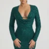 Rochie mini cu guler înalt și ornamente Arlowe, verde-albastru