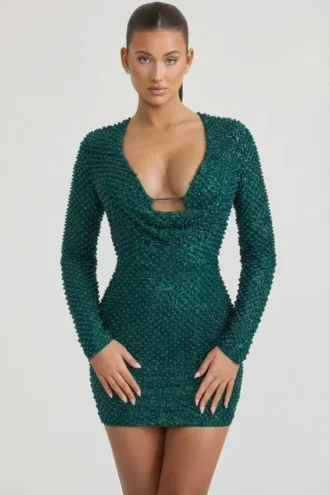 Rochie mini cu guler înalt și ornamente Arlowe, verde-albastru Rochie mini cu guler înalt și ornamente Arlowe, verde-albastru
