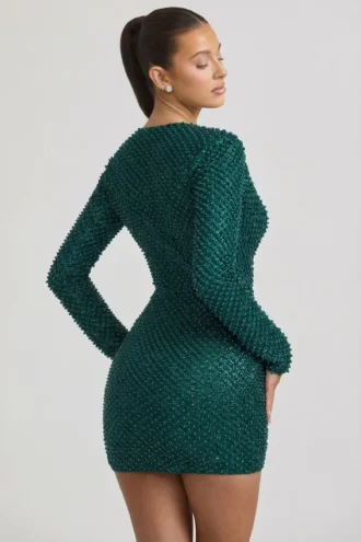 Rochie mini cu guler înalt și ornamente Arlowe, verde-albastru Rochie mini cu guler înalt și ornamente Arlowe, verde-albastru