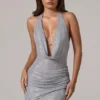 Rochie mini cu guler înalt și spate decupat, cu ornamente din velar, argintie