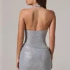 Rochie mini cu guler înalt și spate decupat, cu ornamente din velar, argintie