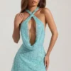 Rochie mini cu guler înalt și spate decupat, cu ornamente, model Sylune, în albastru aqua Rochie mini cu guler înalt și spate decupat, cu ornamente, model Sylune, în albastru aqua