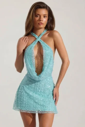 Rochie mini cu guler înalt și spate decupat, cu ornamente, model Sylune, în albastru aqua Rochie mini cu guler înalt și spate decupat, cu ornamente, model Sylune, în albastru aqua