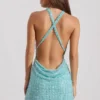 Rochie mini cu guler înalt și spate decupat, cu ornamente, model Sylune, în albastru aqua Rochie mini cu guler înalt și spate decupat, cu ornamente, model Sylune, în albastru aqua