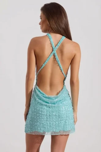 Rochie mini cu guler înalt și spate decupat, cu ornamente, model Sylune, în albastru aqua Rochie mini cu guler înalt și spate decupat, cu ornamente, model Sylune, în albastru aqua