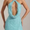 Rochie mini cu guler înalt și spate decupat, cu ornamente, model Sylune, în albastru aqua Rochie mini cu guler înalt și spate decupat, cu ornamente, model Sylune, în albastru aqua