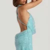 Rochie mini cu guler înalt și spate decupat, cu ornamente, model Sylune, în albastru aqua Rochie mini cu guler înalt și spate decupat, cu ornamente, model Sylune, în albastru aqua