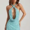 Rochie mini cu guler înalt și spate decupat, cu ornamente, model Sylune, în albastru aqua Rochie mini cu guler înalt și spate decupat, cu ornamente, model Sylune, în albastru aqua