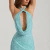 Rochie mini cu guler înalt și spate decupat, cu ornamente, model Sylune, în albastru aqua Rochie mini cu guler înalt și spate decupat, cu ornamente, model Sylune, în albastru aqua