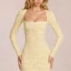 Rochie mini cu mâneci lungi și dantelă festonată Darla, în galben lămâie Rochie mini cu mâneci lungi și dantelă festonată Darla, în galben lămâie