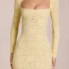Rochie mini cu mâneci lungi și dantelă festonată Darla, în galben lămâie Rochie mini cu mâneci lungi și dantelă festonată Darla, în galben lămâie